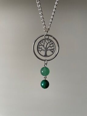 Tree of life hoop green gemstone necklace.